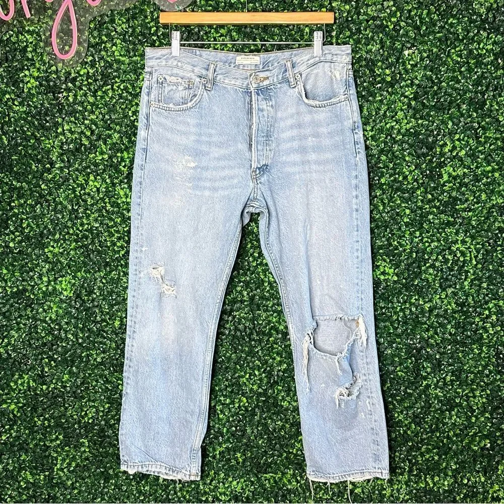 Zara Woman Distressed Ripped Denim 100% Cotton Jeans Sz 10